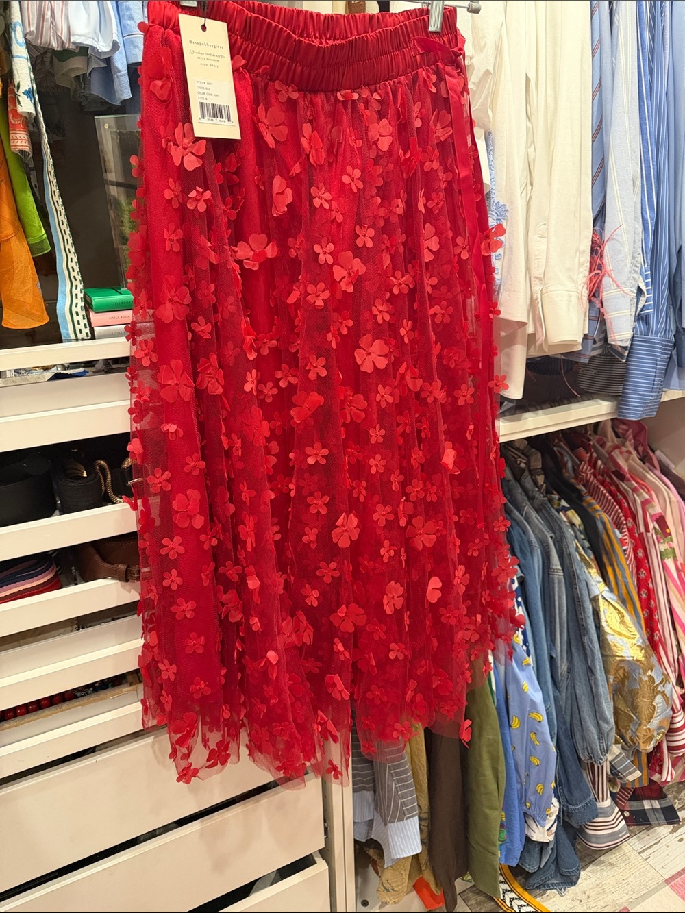 Abbey Glass Red Floral Appliqué Midi Skirt